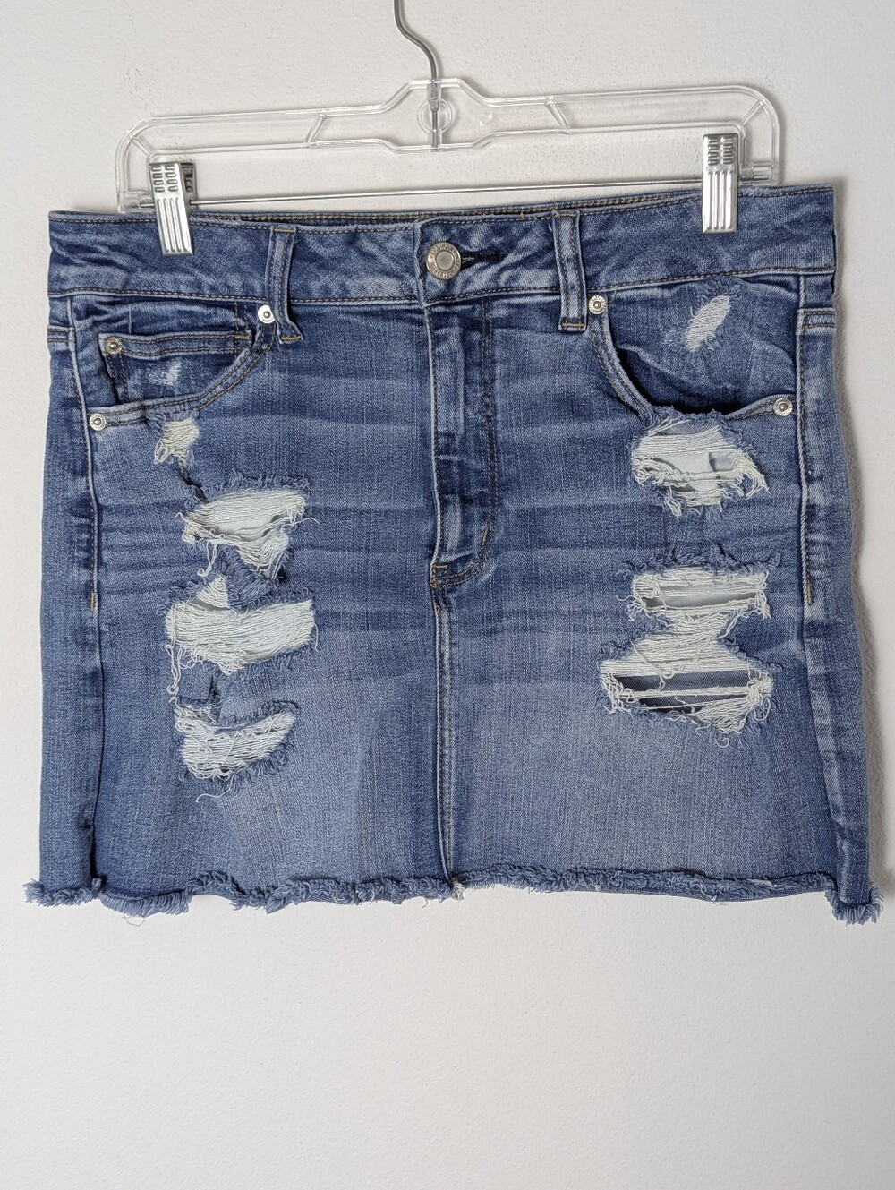 American Eagle Next Level Stretch Distressed Ripped Jean Denim Mini Skirt Sz 12